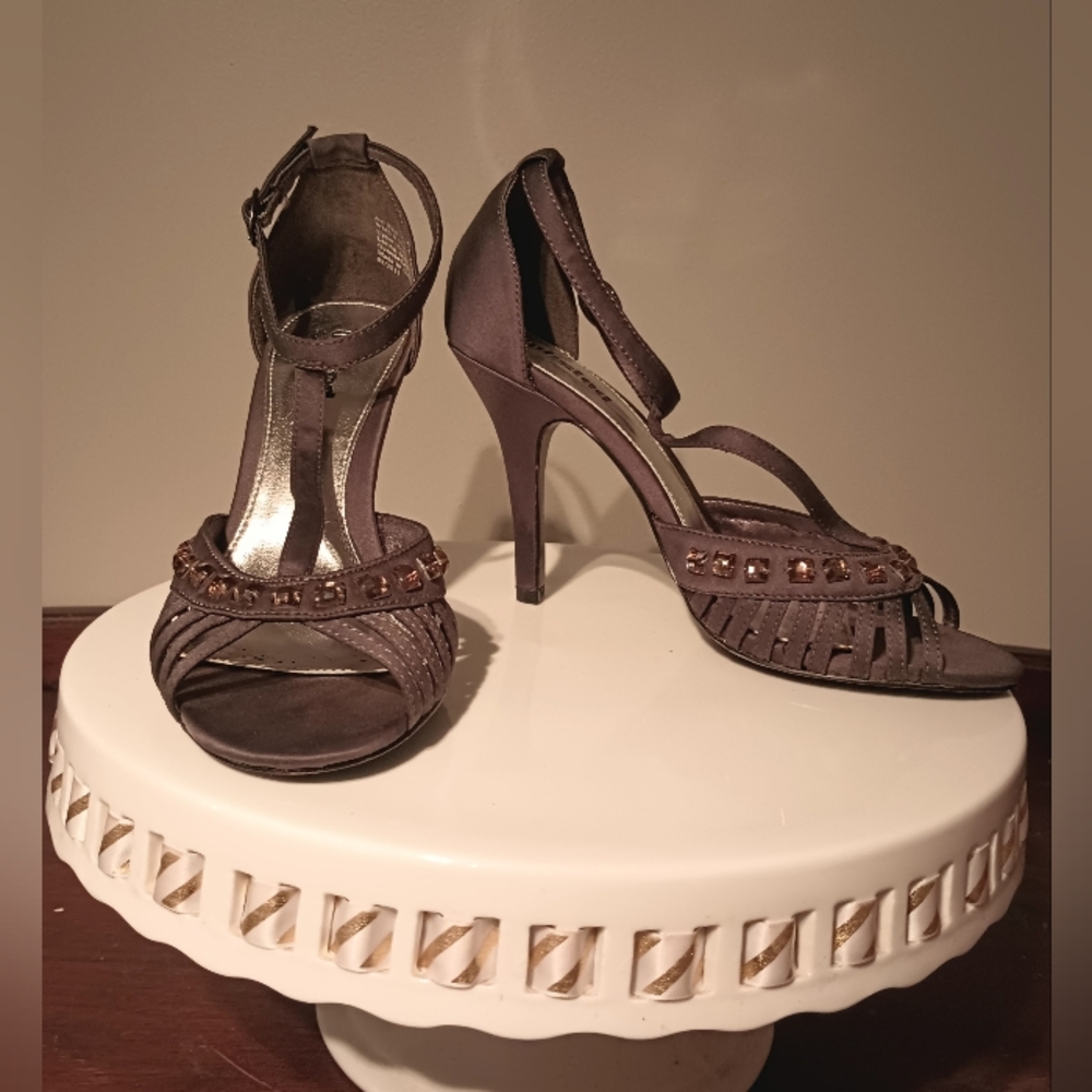 Unlisted Gray Satin Open Toe Heels 8